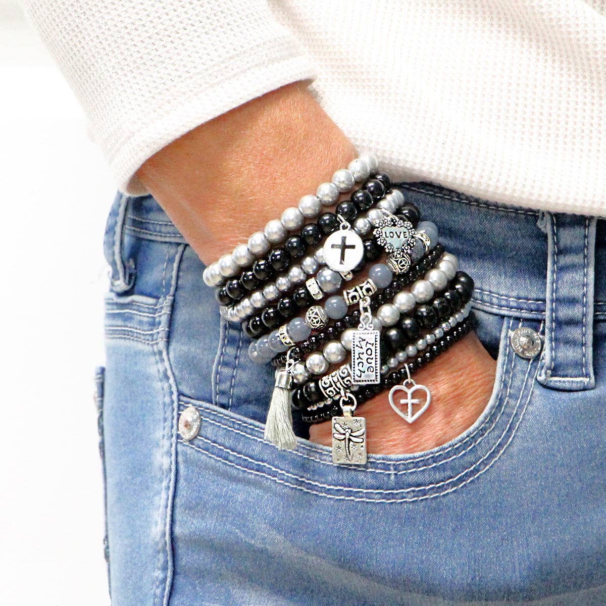 Beaded Stretch Bracelets in Classic Black and Silver