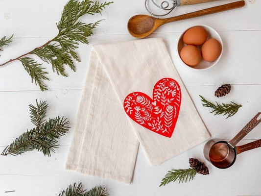 Tea Towel / Floral Red Heart / Heart Decor