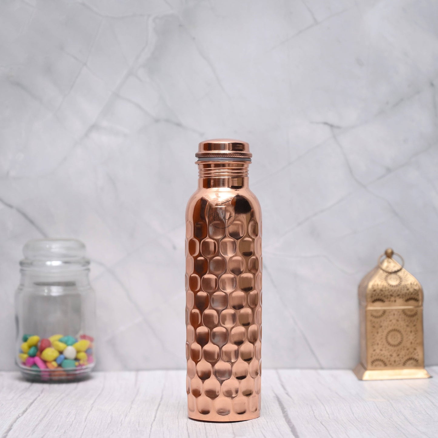 100%Pure Certified Copper Water Bottle–Heavy Brick Hammered/Honeycomb Design(950ML)