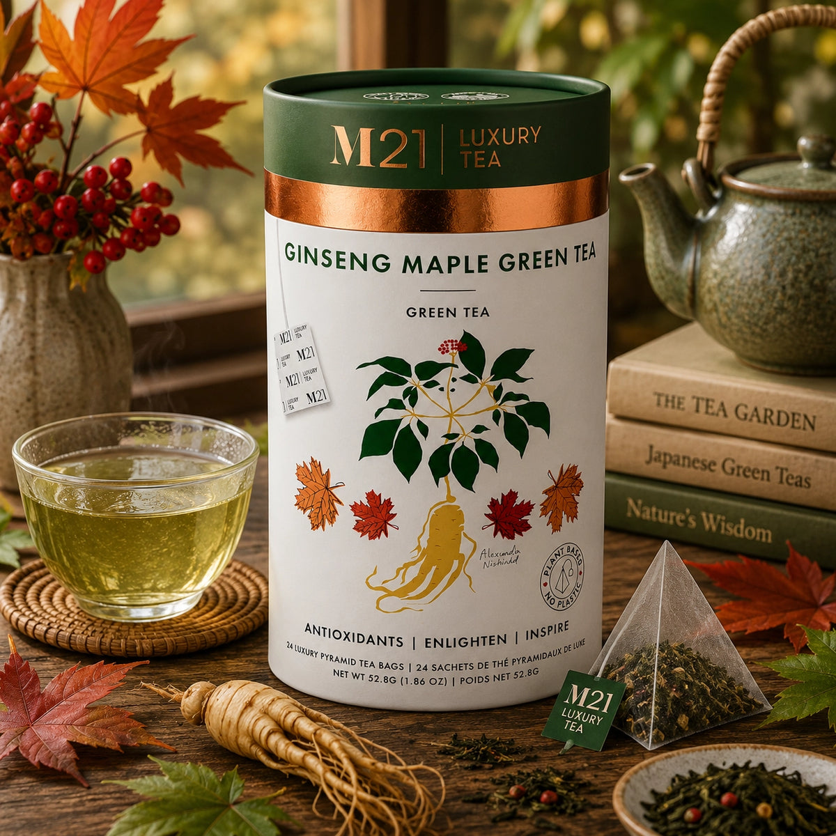 Tega Organic Tea - Maple Ginseng Luxury Green Tea | Canadian | 12ct