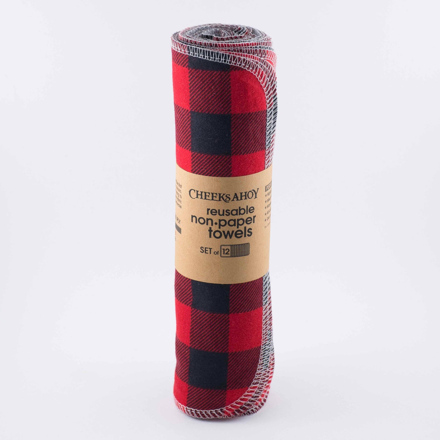 Reusable Non•Paper Towels • Plaids: Red & Black Check / 8-pk / Pre-rolled on kraft tubie