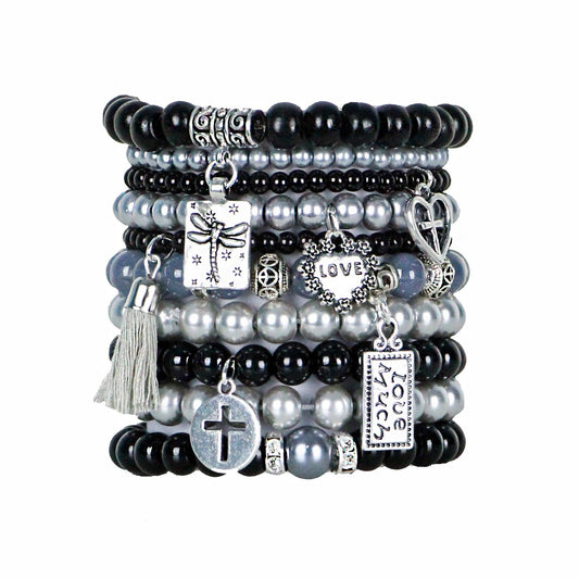 Beaded Stretch Bracelets in Classic Black and Silver
