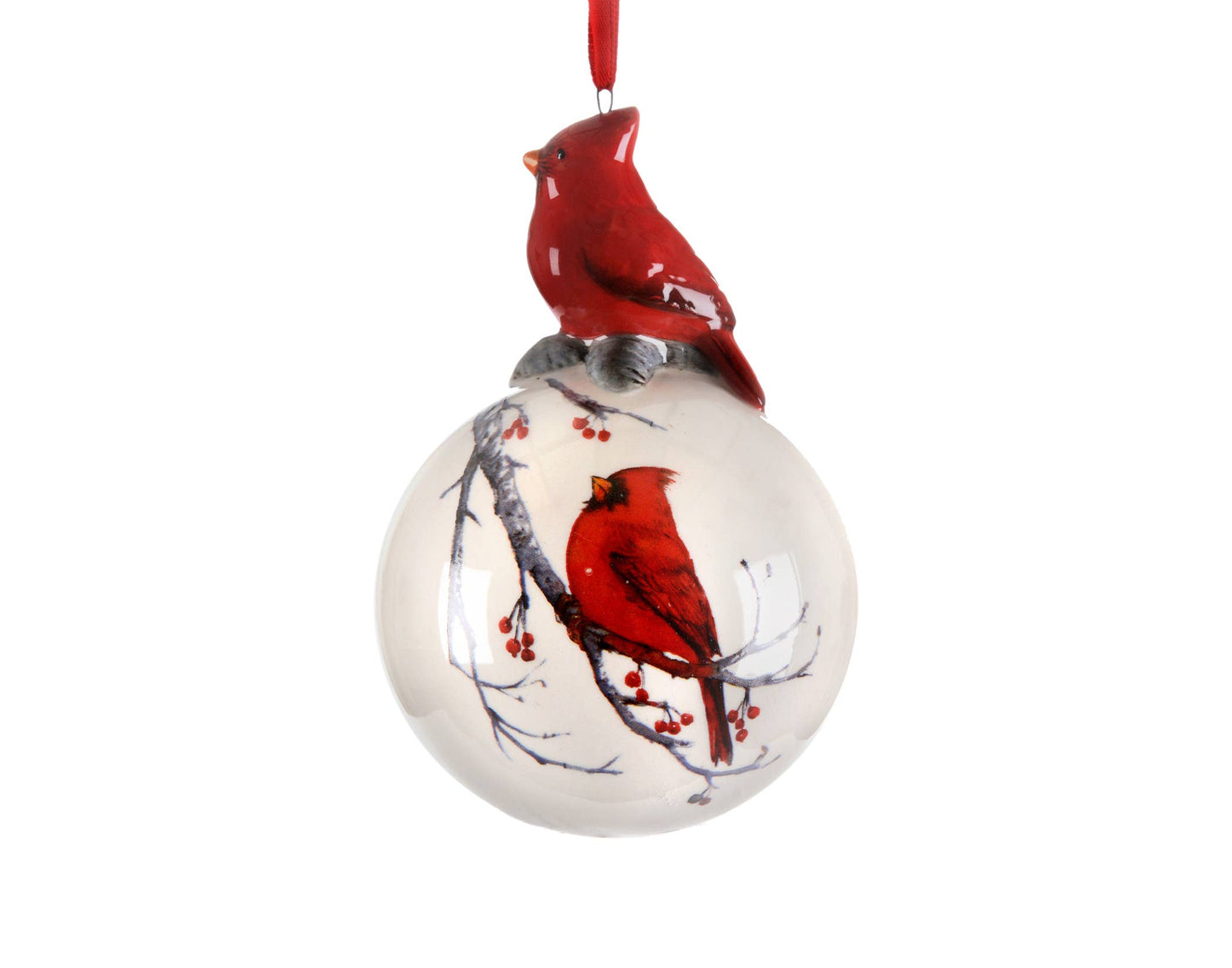 5" Ceramic Ball Ornament w/Cardinals