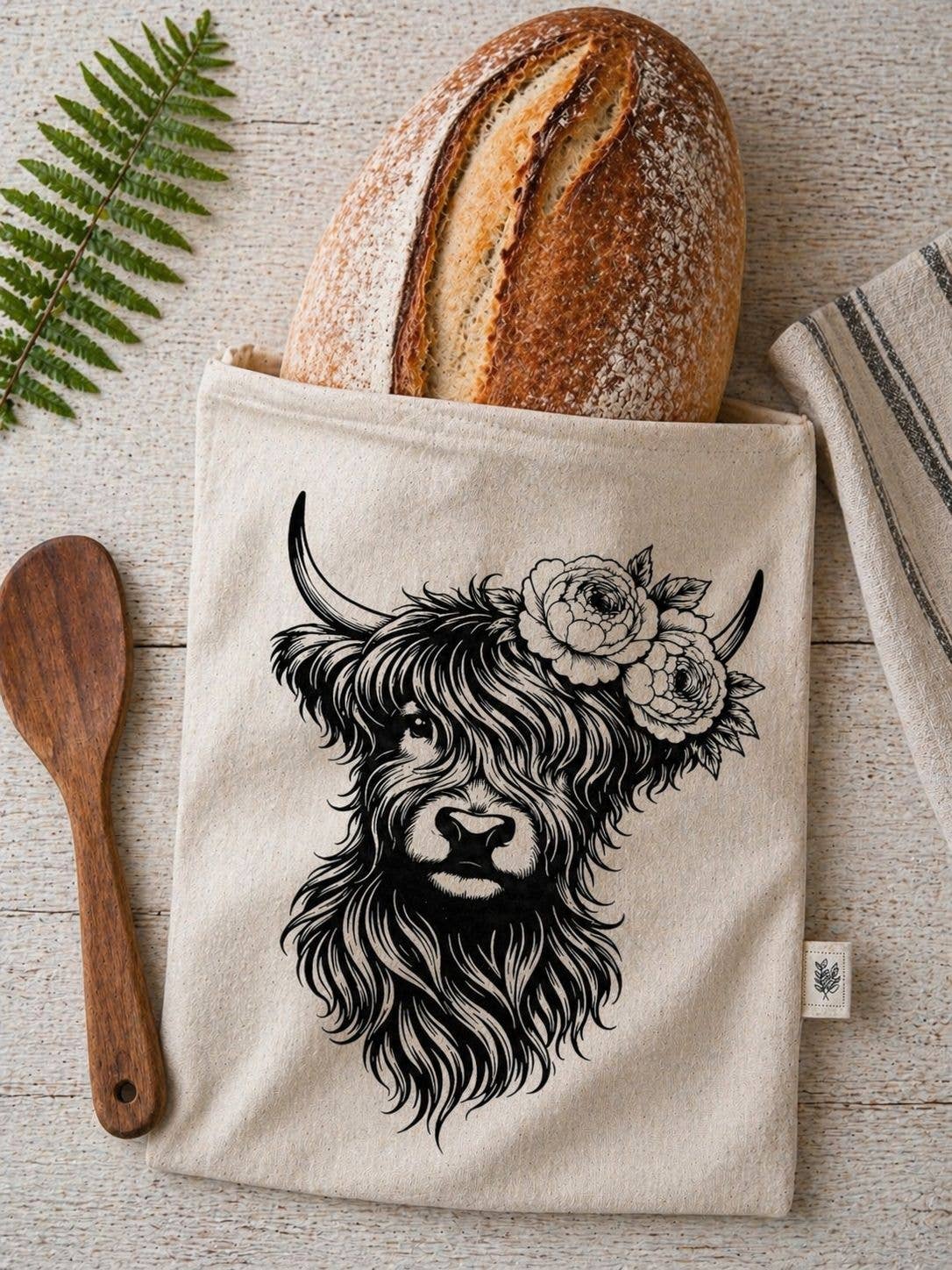 Bread Bag Storage/Floral Highland Cow/Lined Bag