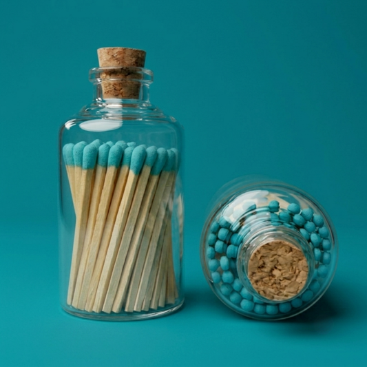 Turquoise Tipped Safety Matches in Apothecary Jar -No Label