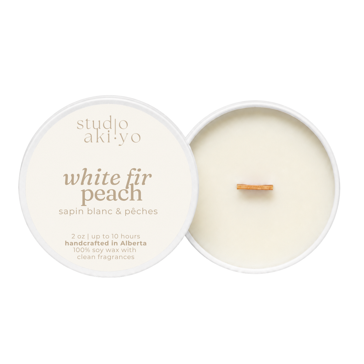 Studio Akiyo - White Fir Peach Soy Wax Candle | 2oz Travel Tin Candle