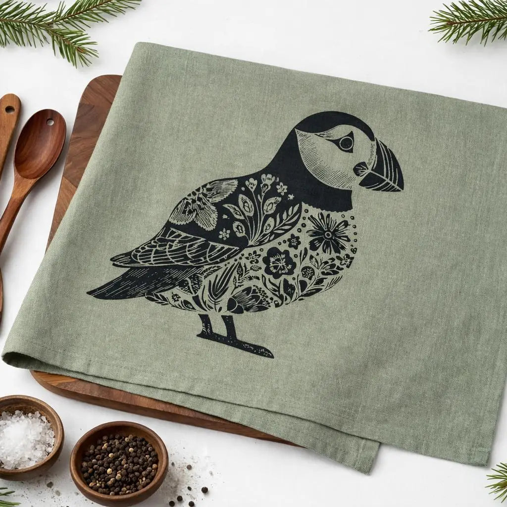 Your Green Kitchen - Tea Towel/Pretty Puffin/Forest Green/Kitchen Towel